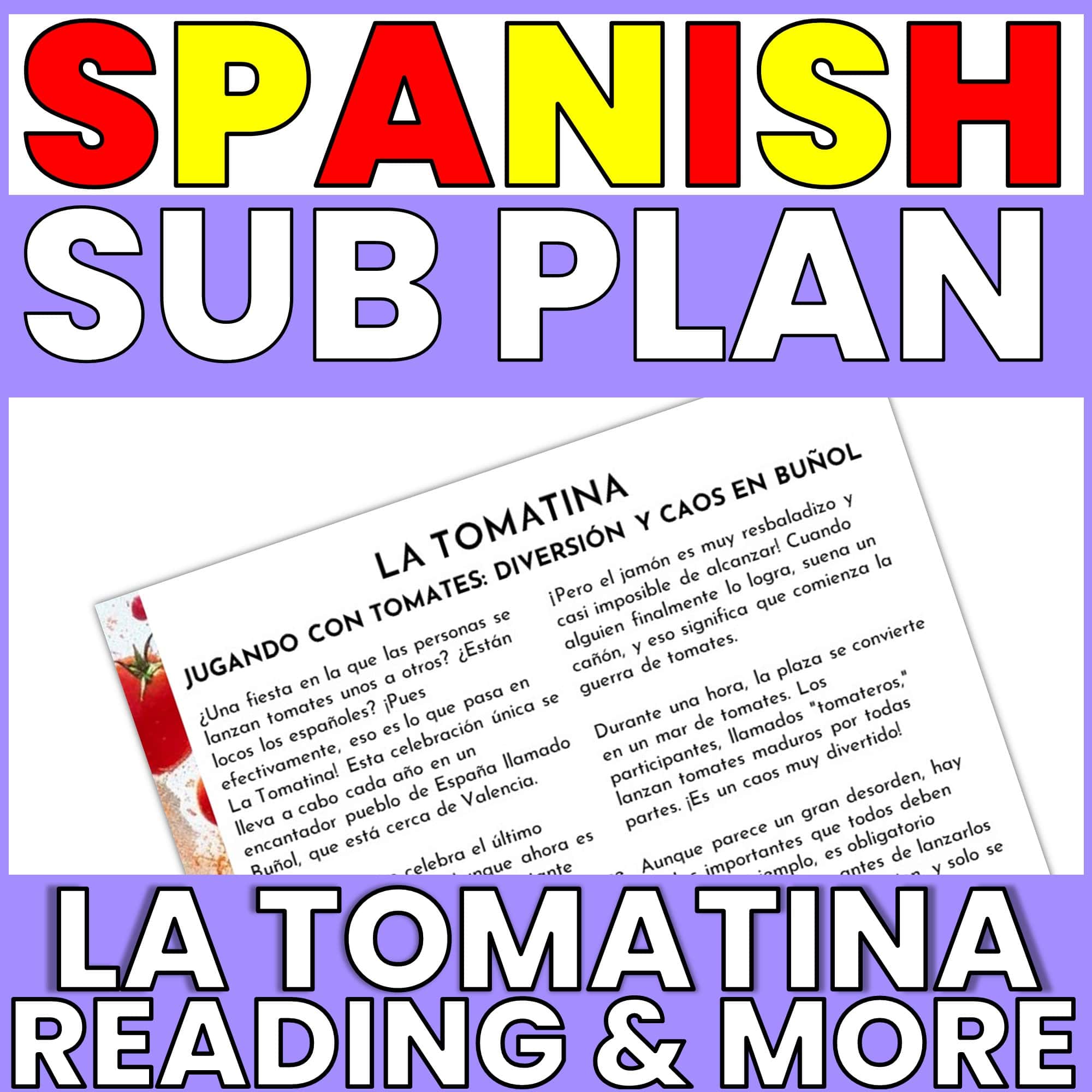 La Tomatina Spanish Festival Reading Comprehension and Emergency Sub Plan