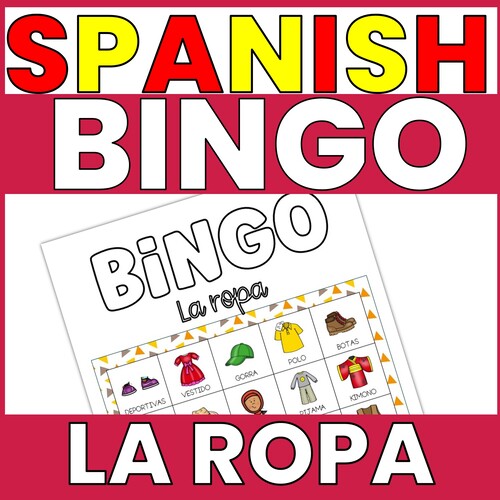 spanish-clothing-vocabulary-bingo-game-thumbnail Thumbnail of a Spanish clothing vocabulary bingo game, showing a "La Ropa" themed bingo card with illustrated clothing items like dress, boots, and shirt.