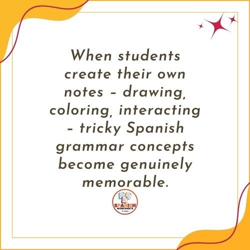spanish-subjunctive-doodle-notes-memorable A white square graphic with a warm orange border and decorative red squiggles and stars. Inside, the quote "When students create their own notes – drawing, coloring, interacting – tricky Spanish grammar concepts become genuinely memorable." is written in brown text. Below the quote is a circular logo that says "SPANISH WORKSHEETS & MORE" with a stylized image of three sparkles.