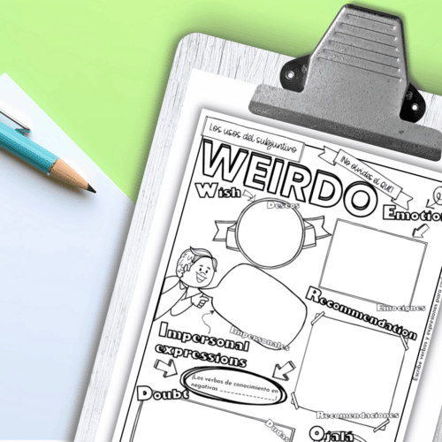 Mockup of Spanish Subjunctive WEIRDO Doodle Notes on a clipboard on a light green table top, also shows a pencil and a portion of a piece of paper