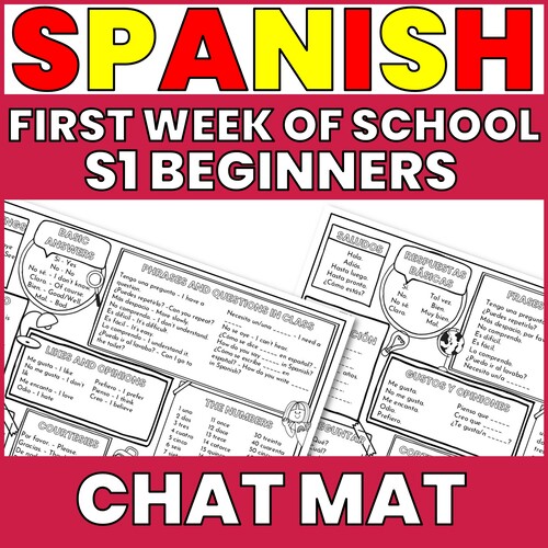 Graphic featuring a mockup of the Spanish chat mat and text that says "Spanish First Week of School S1 Beginners"