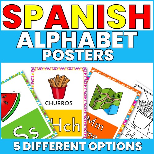 Thumbnail of Spanish Alphabet Posters showing a selection of them and featuring thet ext Spanish alphabet posters, 5 different options