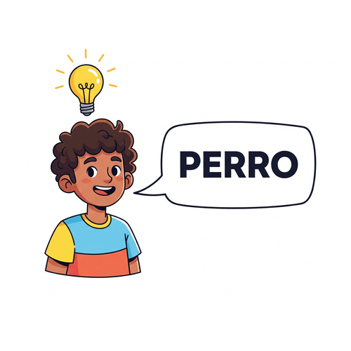Tips To Teach Spanish Pronunciation and Sounds Image of a boy with a lightbulb over his head and a speech bubble that says "perro" in Spanish