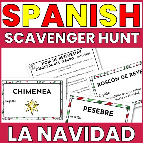Thumbnail of Spanish Navidad Madness Christmas Scavenger Hunt showing images of the cards and answer sheet.