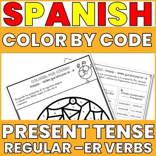 Thumbnail for Present Tense ER verbs color by code activity worksheet