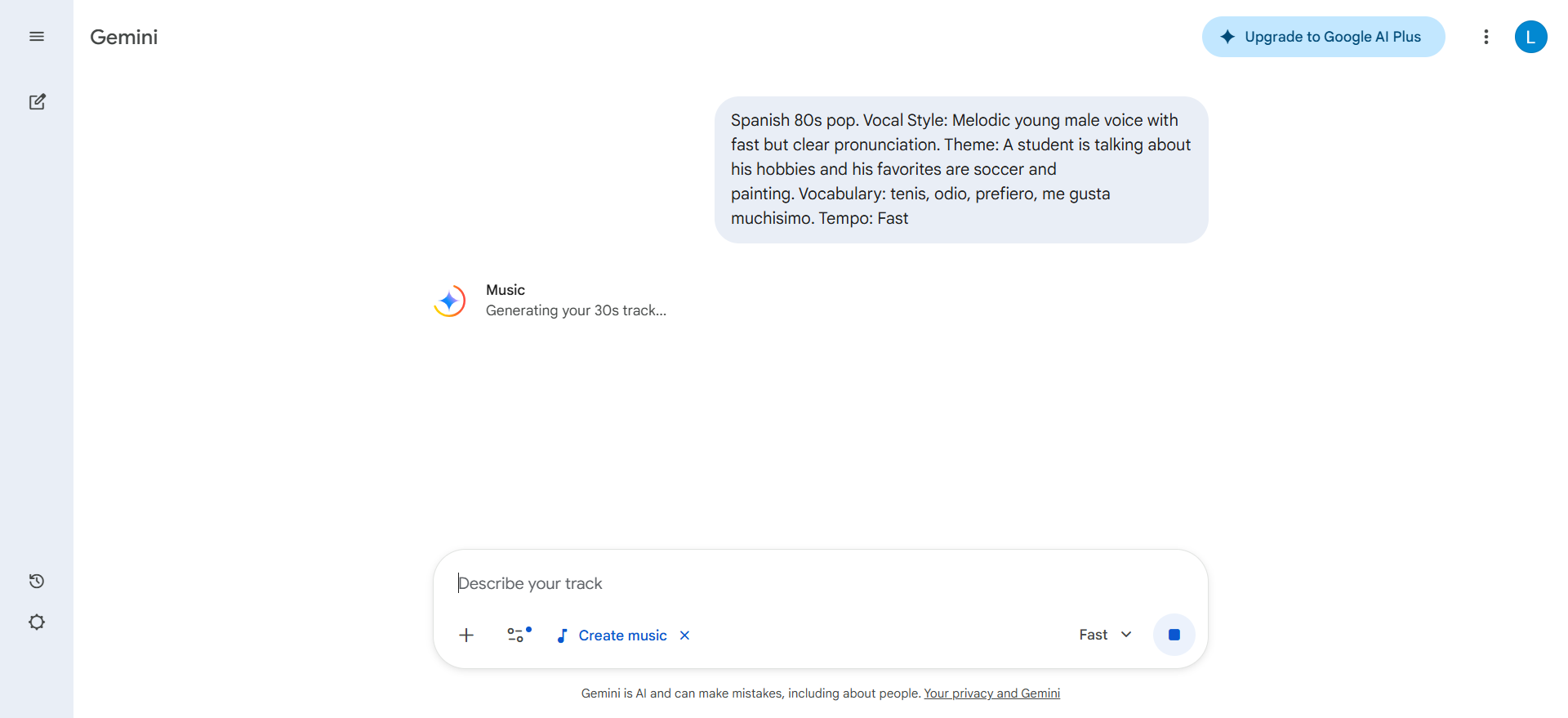 Screenshot of Lyria Ai music generator creating music