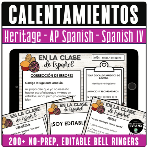 AP & Heritage Spanish No Prep Warmups Bell Ringers by First Generation Dreams Thumbnail of AP & Heritage Spanish No Prep Warmups Bell Ringers by First Generation Dreams