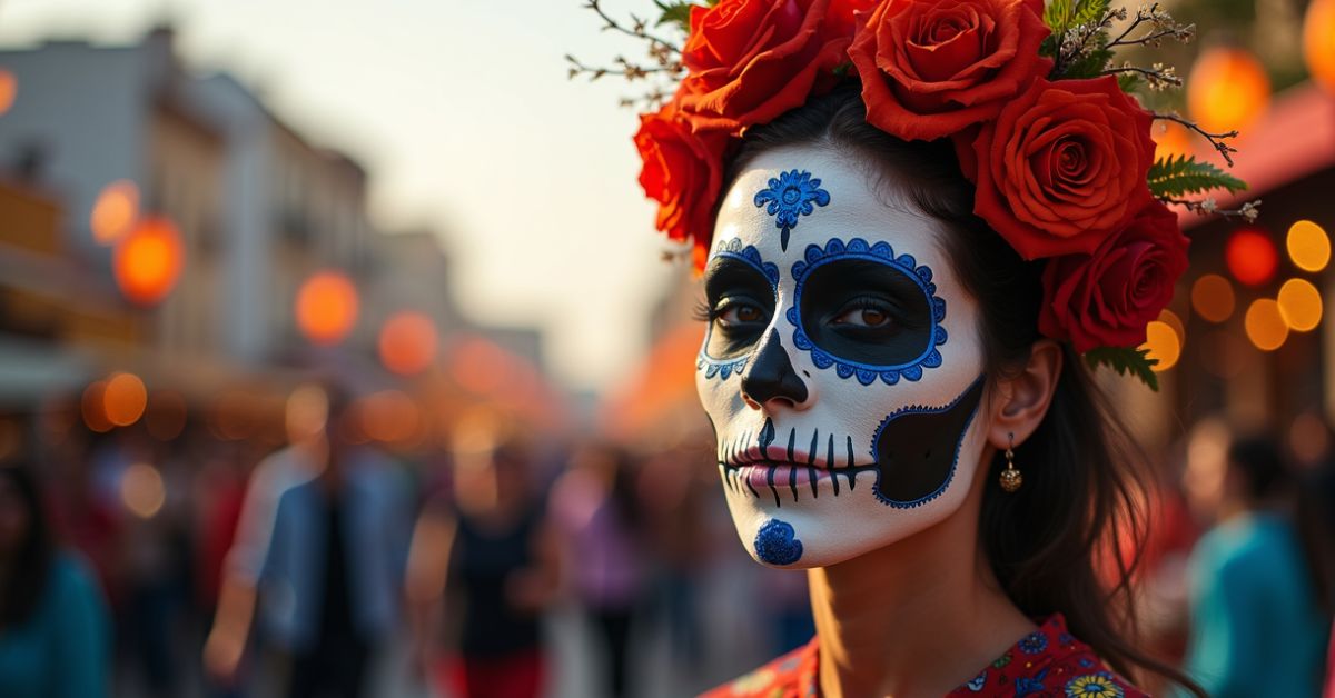 Día de los Muertos image Close up image of a woman made up as a Catrina on the street.