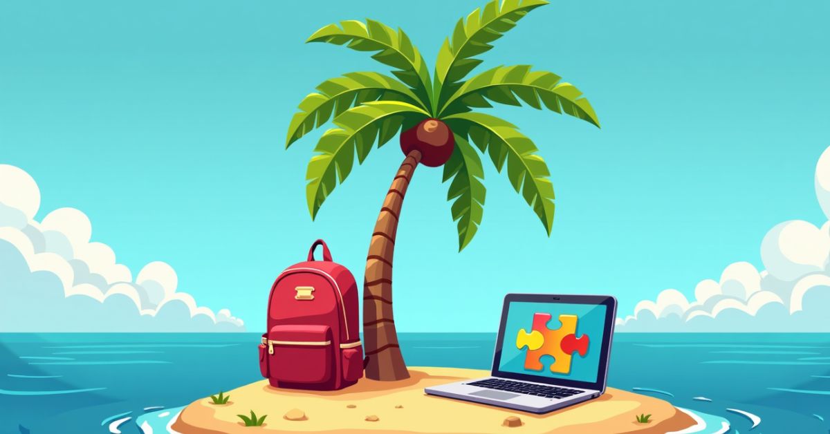 Must-try Spanish activity An illustration of a desert island. There's a backpack under the palm tree and a laptop showing a puzzle icon.