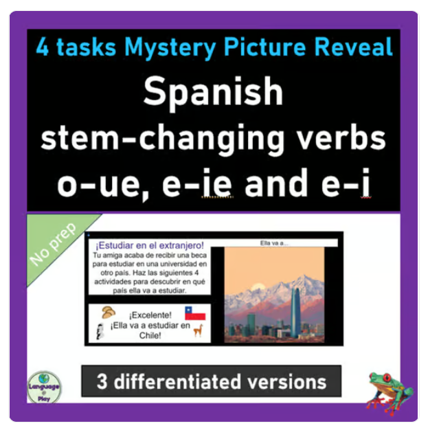 Spanish Stem changing verbs o-ue, e-ie, and e-i mystery picture Spanish Stem changing verbs o-ue, e-ie, and e-i mystery picture